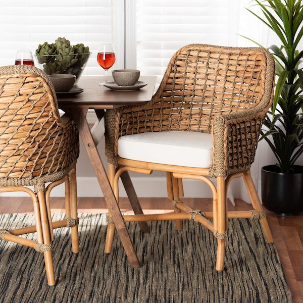 Baxton Studio Kyle Modern Bohemian Natural Brown Woven Rattan Dining Arm Chair with Cushion 212-12804-ZORO - main